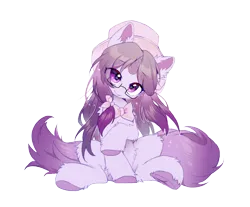 Size: 2274x1879 | Tagged: safe, artist:swaybat, derpibooru import, oc, oc:cathelin mornina, oc:kathelin mornina, unofficial characters only, pony, unicorn, derpibooru community collaboration, 2024 community collab, bow, ear fluff, glasses, image, png, simple background, sitting, solo, transparent background, underhoof, white background