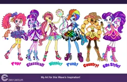 Size: 3840x2485 | Tagged: safe, artist:emily cantelupe, official, applejack, fluttershy, pinkie pie, rainbow dash, rarity, sci-twi, twilight sparkle, human, equestria girls, friendship through the ages, rainbow rocks, 60s, ancient wonderbolts uniform, applejack's hat, clothes, concept art, country, country applejack, cowboy hat, doll, female, folk fluttershy, glasses, hair bun, hat, hippie, humane five, humane six, image, jpeg, musical instrument, new wave pinkie, pianist twilight, punk, rainbow punk, rockin' hair, sgt. rarity, simple background, sunglasses, tambourine, toy, uniform, white background
