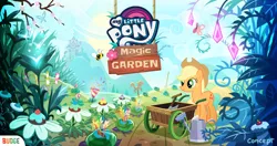 Size: 3143x1660 | Tagged: safe, artist:benjamin dupouy, derpibooru import, official, applejack, butterfly, insect, applejack's hat, budge studios, concept art, cowboy hat, crystal, flower, game, garden, hat, image, jpeg, magic garden, my little pony magic garden, plant, rake, school of friendship, shovel, unreleased, wagon, watering can, what could have been