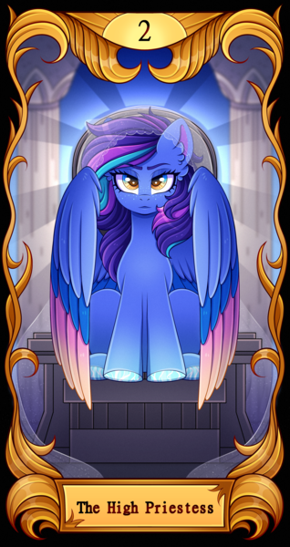 Size: 2500x4710 | Tagged: safe, artist:madelinne, derpibooru import, oc, pegasus, column, image, looking at you, pegasus oc, png, solo, tarot, tarot card, tarot cards by madelinne, throne, veil, wings