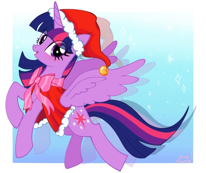 Size: 2048x1723 | Tagged: safe, artist:petaltwinkle, derpibooru import, twilight sparkle, twilight sparkle (alicorn), alicorn, pony, bow, christmas, female, gradient background, hat, holiday, image, jingle bells, jpeg, looking at you, mare, open mouth, open smile, rearing, ribbon, santa hat, signature, smiling, smiling at you, solo, spread wings, wings