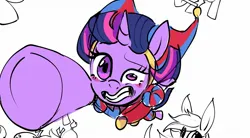 Size: 1803x993 | Tagged: safe, artist:petaltwinkle, derpibooru import, twilight sparkle, twilight sparkle (alicorn), alicorn, pony, blush sticker, blushing, crossover, faic, female, gritted teeth, hat, image, jester hat, jester outfit, jpeg, mare, pomni, simple background, sketch, sketch dump, solo focus, teeth, the amazing digital circus, underhoof, white background