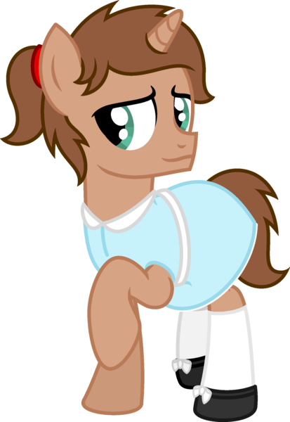 Size: 1637x2376 | Tagged: safe, artist:peternators, derpibooru import, oc, oc:heroic armour, unofficial characters only, pony, unicorn, derpibooru community collaboration, 2024 community collab, clothes, colt, crossdressing, dress, foal, image, male, png, ponytail, raised hoof, shoes, simple background, smiling, socks, teenager, transparent background
