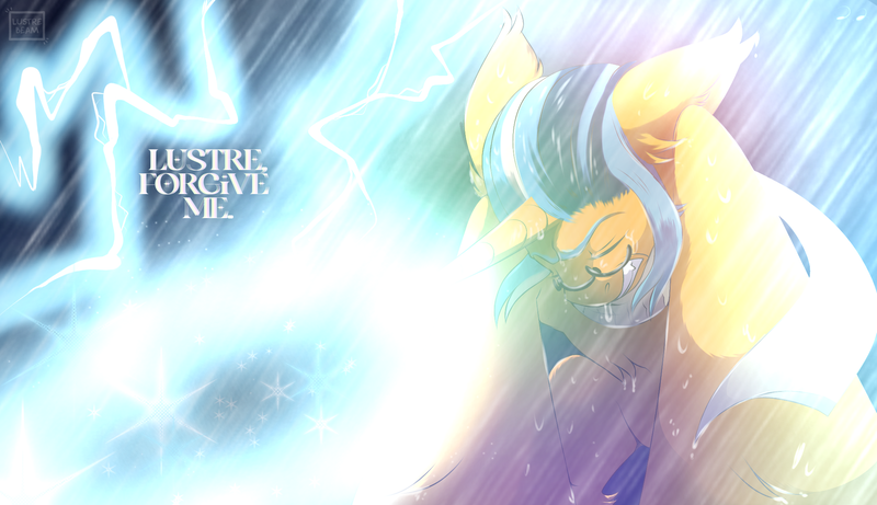 Size: 2000x1153 | Tagged: safe, artist:lustrebeam, derpibooru import, oc, oc:unknown unicorn warlock, unicorn, blue mane, clothes, glasses, image, lightning, lore, magic, orange coat, png, pouring, rain, scarf, scenery, struggling