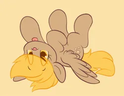 Size: 2048x1578 | Tagged: safe, artist:tamabel, derpibooru import, derpy hooves, pegasus, pony, cute, derpabetes, female, g4, image, jpeg, mare, simple background, solo, spread wings, tongue out, upside down, wings, yellow background