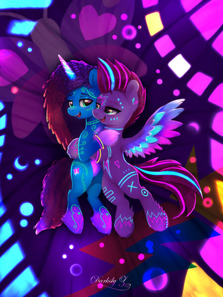 Size: 1417x1890 | Tagged: safe, alternate version, artist:darksly, derpibooru import, zipp storm, pegasus, pony, unicorn, g5, adorazipp, alternate hairstyle, blushing, colored eyebrows, colored wings, colored wingtips, cornrows, cuddling, cute, dawnstorm, dreadlocks, duo, duo female, eyebrows, female, horn, hug, image, jpeg, lesbian, mare, misty brightdawn, mistybetes, multicolored wings, open mouth, open smile, rebirth misty, shipping, signature, smiling, spread wings, unshorn fetlocks, wings