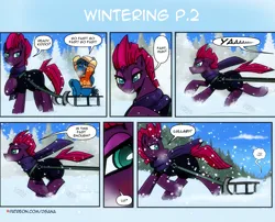 Size: 3508x2834 | Tagged: safe, artist:dsana, derpibooru import, fizzlepop berrytwist, tempest shadow, oc, oc:lullaby dusk, pegasus, pony, unicorn, comic:a storm's lullaby, clothes, comic, dialogue, duo, female, filly, foal, heterochromia, image, mare, png, running, scarf, sled, snow, snowfall, sweater
