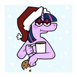 Size: 1440x1440 | Tagged: safe, artist:falloutfurret, derpibooru import, twilight sparkle, anthro, pony, unicorn, blue background, christmas, commission, cookie, female, food, hat, holiday, image, jpeg, lidded eyes, looking at you, mare, mug, santa hat, simple background, smiling, smiling at you, snow, snowfall, solo, unicorn twilight, ych example, your character here