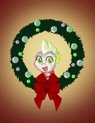 Size: 2550x3300 | Tagged: safe, artist:flutterluv, derpibooru import, spike, dragon, bust, christmas, holiday, image, jpeg, portrait, smiling, solo, wreath