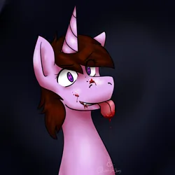 Size: 2250x2250 | Tagged: safe, artist:quinty-imara, derpibooru import, oc, oc:quinty-imara, unofficial characters only, unicorn, blood, dark background, image, no source available, png, tongue out