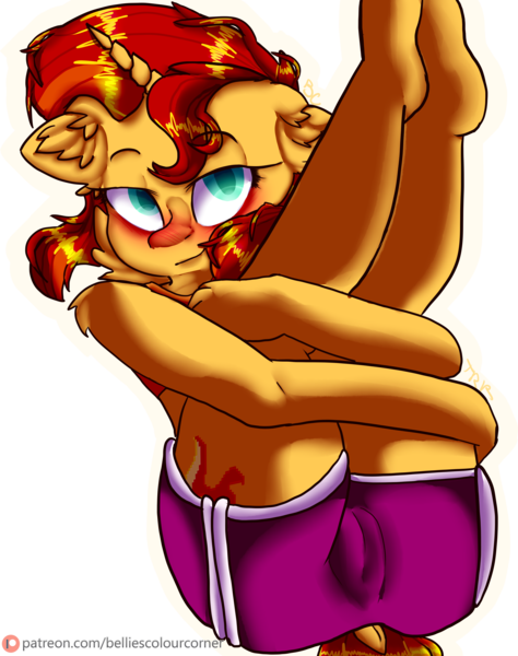 Size: 3696x4676 | Tagged: suggestive, artist:trr_bc, derpibooru import, sunset shimmer, anthro, pony, clothes, cutie mark, image, legs in air, patreon, patreon logo, patreon reward, png, red mane, red tail, simple background, tail, transparent background, watermark