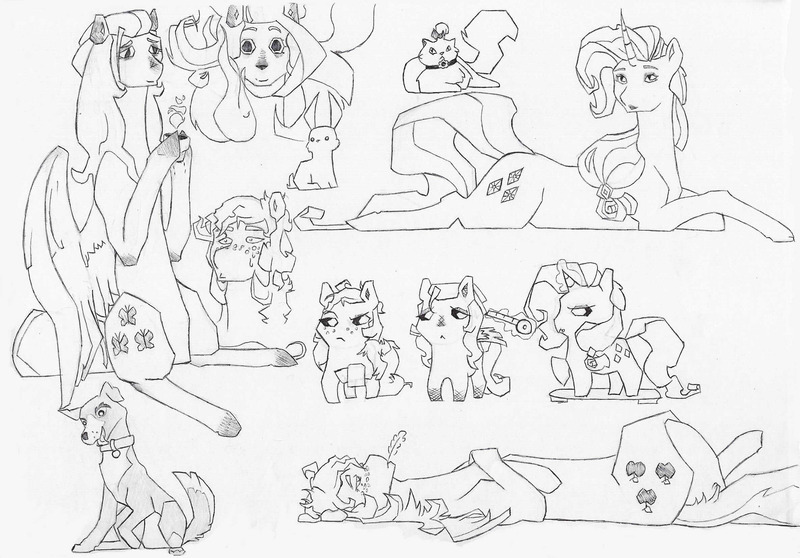 Size: 2370x1652 | Tagged: safe, artist:liustranapolu, derpibooru import, angel bunny, applejack, fluttershy, opalescence, rarity, winona, cat, dog, earth pony, pegasus, pony, rabbit, unicorn, animal, black and white, female, food, grayscale, image, jpeg, lying down, magic, male, mare, measuring tape, monochrome, tea, telekinesis, traditional art