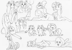 Size: 2370x1652 | Tagged: safe, artist:liustranapolu, derpibooru import, angel bunny, applejack, fluttershy, opalescence, rarity, winona, cat, dog, earth pony, pegasus, pony, rabbit, unicorn, animal, black and white, female, food, grayscale, image, jpeg, lying down, magic, male, mare, measuring tape, monochrome, tea, telekinesis, traditional art