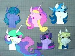 Size: 2048x1536 | Tagged: safe, artist:liustranapolu, derpibooru import, prince blueblood, princess cadance, princess celestia, princess luna, shining armor, twilight sparkle, alicorn, pony, unicorn, bowtie, eyebrows, eyebrows visible through hair, female, image, jpeg, male, mare, stallion, traditional art