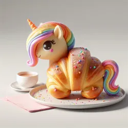 Size: 1024x1024 | Tagged: safe, ai content, derpibooru import, machine learning generated, prompter:pawels, oc, ponified, unnamed oc, unofficial characters only, food pony, original species, pony, unicorn, bread, coffee cup, croissant, cup, food, generator:bing image creator, gradient background, image, jpeg, multicolored hair, napkin, plate, rainbow hair, rainbow tail, shadow, solo, sprinkles, tail