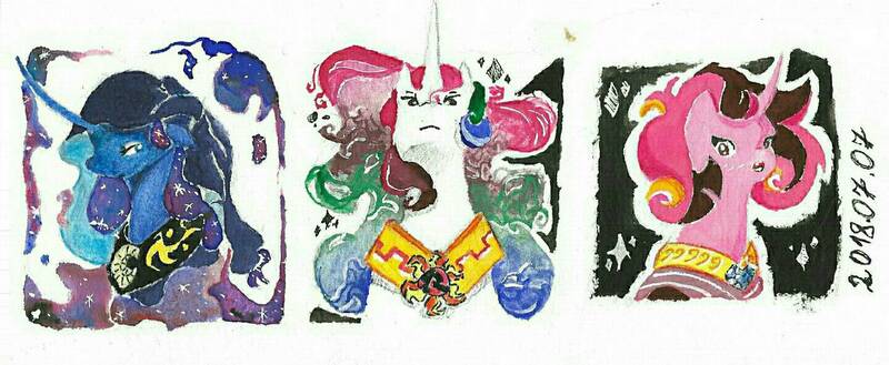 Size: 1440x592 | Tagged: safe, artist:liustranapolu, derpibooru import, princess cadance, princess celestia, princess luna, alicorn, pony, alternate hairstyle, curved horn, female, gouache, hood, horn, image, jpeg, mare, peytral, traditional art, watercolor painting