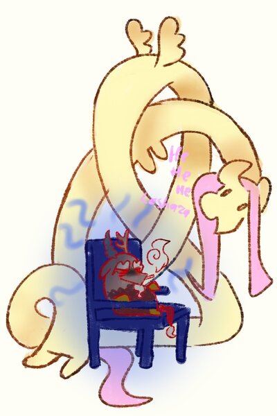 Size: 1365x2048 | Tagged: safe, artist:liustranapolu, derpibooru import, discord, fluttershy, draconequus, pegasus, pony, chair, discoshy, duo, female, image, jpeg, long pony, male, mare, shipping, simple background, sitting, smoking, straight