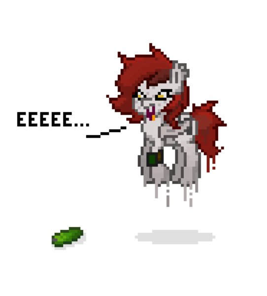 Size: 1581x1751 | Tagged: safe, artist:dangerous fish, derpibooru import, oc, bat pony, pony, fallout equestria, pony town, ashes town, cucumber, eeee, female, food, funny, image, mare, oc u, pipbuck, pixel art, png, scary, simple background, white background