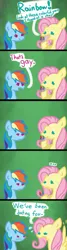 Size: 598x2225 | Tagged: safe, artist:funnyk16, derpibooru import, fluttershy, rainbow dash, pegasus, pony, ..., :c, blushing, comic, dialogue, duo, eye twitch, female, flutterdash, fluttershy is not amused, frown, green background, image, jpeg, lesbian, pencil, shipping, simple background, spread wings, sweat, sweatdrop, unamused, wings, yelling