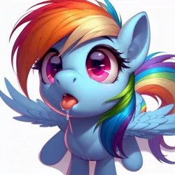 Size: 1024x1024 | Tagged: prompter needed, safe, ai content, derpibooru import, machine learning generated, rainbow dash, pegasus, pony, behaving like a dog, cute, dashabetes, drool, female, g4, generator:dall-e 3, hungry, image, jpeg, looking at you, looking up, looking up at you, mare, simple background, solo, spread wings, tongue out, white background, wings, wrong cutie mark