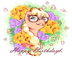 Size: 2100x1700 | Tagged: safe, artist:liustranapolu, derpibooru import, oc, unofficial characters only, earth pony, pony, female, flower, glasses, happy birthday, image, jpeg, mare, solo