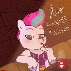 Size: 2480x2480 | Tagged: safe, artist:starburstuwu, derpibooru import, zipp storm, pegasus, pony, g5, chocolate, christmas, clothes, food, holiday, hot chocolate, image, jpeg, scarf, sugar cane