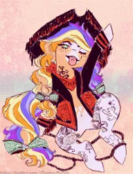Size: 2000x2600 | Tagged: safe, artist:liustranapolu, derpibooru import, oc, unofficial characters only, earth pony, pony, bow, clothes, commission, female, hair bow, hat, image, jacket, jpeg, mare, neckerchief, one eye closed, piercing, pirate hat, solo, tail, tail bow, tongue out, tongue piercing, wink