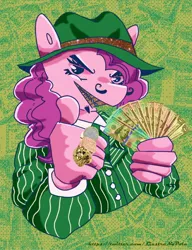 Size: 2000x2600 | Tagged: safe, artist:liustranapolu, derpibooru import, pinkie pie, anthro, earth pony, abstract background, braces, clothes, facial hair, female, goatee, grill, hat, image, jewelry, jpeg, money, moustache, pinstripes, ring, solo, suit, thumbs up