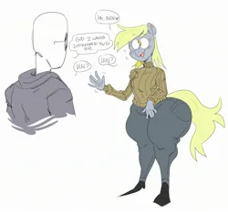 Size: 2456x2290 | Tagged: suggestive, artist:mhdrawin, derpibooru import, derpy hooves, oc, oc:anon, anthro, plantigrade anthro, ass, blushing, bubble butt, butt, clothes, denim, dialogue, ear piercing, earring, hoodie, huge butt, image, imminent sex, jeans, jewelry, jpeg, large butt, pants, piercing, shoes, simple background, speech bubble, sunglasses, sweater, the ass was fat, waving, white background, wide hips