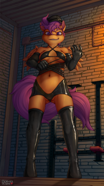 Size: 1400x2500 | Tagged: questionable, alternate version, artist:neko-me, derpibooru import, scootaloo, anthro, unguligrade anthro, breasts, clothes, commission, female, gloves, image, latex, latex gloves, latex socks, nipples, nudity, older, older scootaloo, png, riding crop, scootadom, shorts, socks, solo, solo female