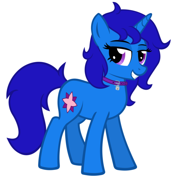 Size: 1500x1500 | Tagged: safe, artist:the smiling pony, derpibooru import, oc, oc:delly, unofficial characters only, pony, unicorn, derpibooru community collaboration, .svg available, 2024 community collab, collar, grin, image, lidded eyes, lock, looking at you, png, smiling, smiling at you, solo, vector