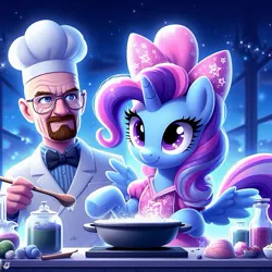 Size: 519x519 | Tagged: safe, ai content, derpibooru import, machine learning generated, trixie, human, pony, unicorn, breaking bad, cooking, female, g4, image, jpeg, mare, walter white