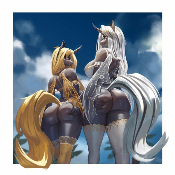 Size: 3000x3000 | Tagged: suggestive, artist:nsilverdraws, derpibooru import, changeling queen oc, oc, oc:queen venyx, oc:recina, unofficial characters only, anthro, changeling, changeling queen, big breasts, bra, breasts, butt grab, butt touch, clothes, curved horn, derpibooru exclusive, dock, duo, duo female, female, grope, high res, horn, image, jpeg, large butt, lingerie, looking at you, looking back, looking back at you, smiling, socks, stockings, tail, the ass was fat, thigh highs, underwear, white changeling, winged anthro, wings, yellow changeling