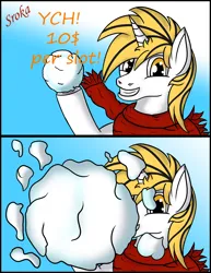 Size: 2430x3146 | Tagged: safe, artist:sroka001, derpibooru import, oc, oc:srok, pony, unicorn, clothes, commission, image, png, scarf, simple background, snow, snowball, solo, ych result