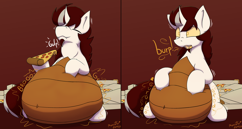 Size: 4000x2139 | Tagged: questionable, artist:monycaalot, derpibooru import, oc, oc:biepbot, changeling, waspling, abdominal bulge, belly button, burp, digestion, eating, fangs, food, hoof on belly, horn, image, male, pizza, pizza box, png, simple background, stuffed, stuffed belly, swallowing, throat bulge, vore