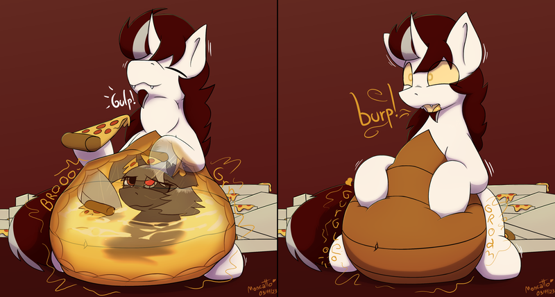Size: 4000x2139 | Tagged: questionable, alternate version, artist:monycaalot, derpibooru import, oc, oc:biepbot, oc:sprocket, changeling, unicorn, waspling, abdominal bulge, belly button, burp, digestion, eating, fangs, food, hoof on belly, horn, image, male, melting, pizza, pizza box, png, robotic arm, simple background, stuffed, stuffed belly, swallowing, throat bulge, vore, x-ray, x-ray version