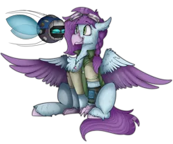 Size: 1546x1287 | Tagged: safe, artist:chillzone22, artist:molars, derpibooru import, oc, oc:aella breeze, hippogriff, parasprite, derpibooru community collaboration, fallout equestria, 2024 community collab, goggles, happy, hippogriff oc, image, pipbuck, png, simple background, spritebot, transparent background, wings