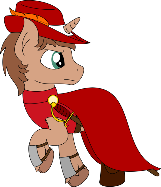Size: 1956x2278 | Tagged: safe, artist:peternators, derpibooru import, oc, oc:heroic armour, unofficial characters only, pony, unicorn, boots, bracer, cape, clothes, feather, hat, image, male, png, rapier, red mage, shirt, shoes, simple background, solo, stallion, sword, transparent background, walking, weapon