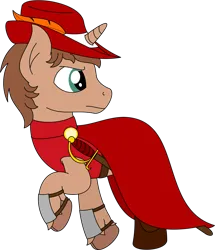 Size: 1956x2278 | Tagged: safe, artist:peternators, derpibooru import, oc, oc:heroic armour, unofficial characters only, pony, unicorn, boots, bracer, cape, clothes, feather, hat, image, male, png, rapier, red mage, shirt, shoes, simple background, solo, stallion, sword, transparent background, walking, weapon