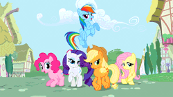Size: 700x394 | Tagged: safe, derpibooru import, screencap, applejack, fluttershy, pinkie pie, rainbow dash, rarity, earth pony, pegasus, pony, unicorn, animated, applejack's hat, cloud, cowboy hat, crossed hooves, eyeshadow, female, flapping wings, flying, folded wings, freckles, g4, gif, group, hat, horn, house, image, jumping, lidded eyes, looking at you, makeup, mare, open mouth, open smile, opening, opening theme, outdoors, ponyville, pronking, raised hoof, remane five, smiling, smiling at you, spread wings, tail, theme song, tree, wings