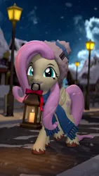 Size: 2160x3840 | Tagged: safe, artist:owlpirate, derpibooru import, fluttershy, pegasus, pony, 3d, 4k, clothes, cute, female, high res, image, lantern, looking at you, mare, mouth hold, outdoors, png, scarf, shyabetes, smiling, smiling at you, snow, snowfall, solo, source filmmaker, unshorn fetlocks, winter, winter outfit
