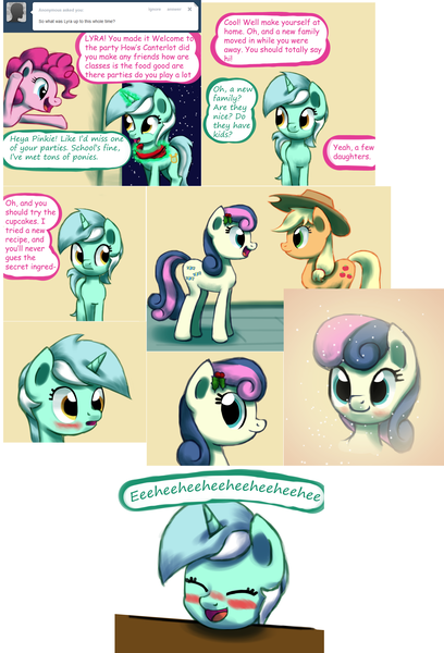 Size: 2282x3357 | Tagged: safe, artist:esuka, derpibooru import, applejack, bon bon, lyra heartstrings, pinkie pie, sweetie drops, pony, ask-canterlot-musicians, blushing, image, png