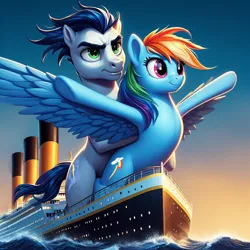 Size: 1024x1024 | Tagged: safe, ai content, derpibooru import, machine learning generated, prompter:*rainbow dash*, rainbow dash, soarin', pegasus, pony, female, generator:bing image creator, image, male, ocean, png, scene interpretation, ship, shipping, soarindash, spread arms, spread wings, straight, titanic, water, wings