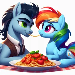 Size: 1024x1024 | Tagged: safe, ai content, derpibooru import, machine learning generated, prompter:*rainbow dash*, rainbow dash, soarin', female, food, generator:bing image creator, image, lady and the tramp, male, pasta, png, scene interpretation, shipping, soarindash, spaghetti, straight