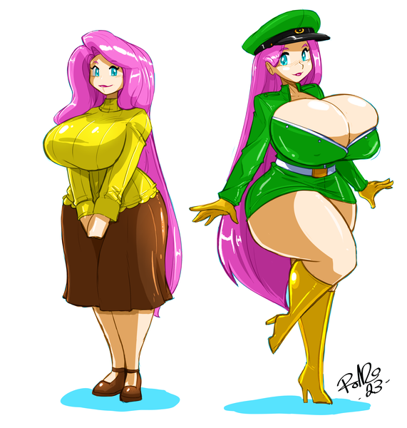 Size: 4036x4240 | Tagged: suggestive, artist:shonuff44, derpibooru import, fluttershy, human, belt, big breasts, breasts, busty fluttershy, cleavage, clothes, gloves, gravity-defying breasts, hands together, hat, huge breasts, humanized, image, impossibly large breasts, lipstick, long hair, long sleeves, looking at you, military uniform, one leg raised, png, shoes, skirt, smiling, sweater, thighs, uniform, wide hips