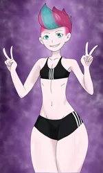 Size: 4134x6890 | Tagged: suggestive, artist:elovital, derpibooru import, zipp storm, human, equestria girls, g5, absurd resolution, adidas, breasts, clothes, delicious flat chest, double peace sign, equestria girls-ified, g5 to equestria girls, generation leap, hips, image, peace sign, png, shorts, sports, sports bra, sports outfit, sports shorts, thin