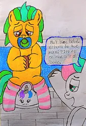 Size: 2264x3334 | Tagged: safe, artist:bitter sweetness, derpibooru import, hitch trailblazer, zipp storm, earth pony, pegasus, pony, g5, my little pony: a new generation, my little pony: make your mark, my little pony: tell your tale, abdl, adult foal, clothes, diaper, image, non-baby in diaper, png, socks, spanish, spanish text, speech bubble, striped socks, traditional art, training potty, translated in the description