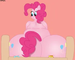 Size: 1200x959 | Tagged: suggestive, artist:soraxel, derpibooru import, carrot cake, cup cake, pinkie pie, earth pony, pony, balloonbutt, butt, eyes closed, female, g4, huge butt, image, jpeg, large butt, macro, male, mare, one eye closed, sitting, sitting on, sitting on person, sitting on pony, size difference, stallion