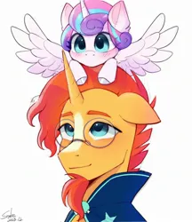Size: 2048x2374 | Tagged: safe, artist:xiaowu07, derpibooru import, princess flurry heart, sunburst, alicorn, pony, unicorn, baby, baby pony, cloak, clothes, cute, duo, duo male and female, female, flurry heart riding sunburst, g4, glasses, high res, image, jpeg, looking at each other, looking at someone, male, signature, simple background, smiling, smiling at each other, stallion, sunburst's cloak, uncle and niece, uncle sunburst, white background