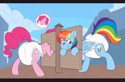 Size: 800x526 | Tagged: suggestive, artist:2000bonniedelvia, derpibooru import, pinkie pie, rainbow dash, earth pony, pegasus, pony, :t, blushing, bondage, diaper, diaper fetish, female, fetish, g4, image, jpeg, poofy diaper, stocks, stuck